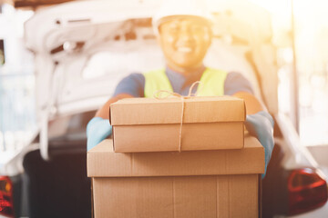 Employees deliver parcels from customers for delivery of goods, international and domestic express delivery services, parcel delivery concepts.
