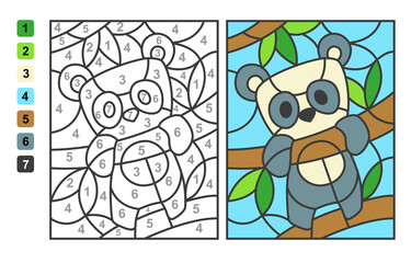 Simple level vector coloring zoo animal bear panda, color by numbers. Puzzle game for children education