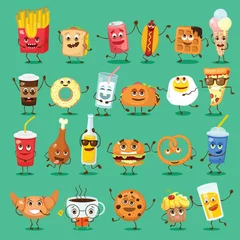 Fotobehang Funny best friends food characters with emotions, includes fast food and fruits, vector illustrations. © virinaflora