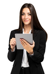 Fototapeta premium Woman using a tablet isolated on white