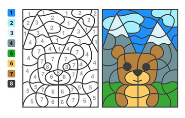 Simple level vector coloring wild animal bear, color by numbers. Puzzle game for children education