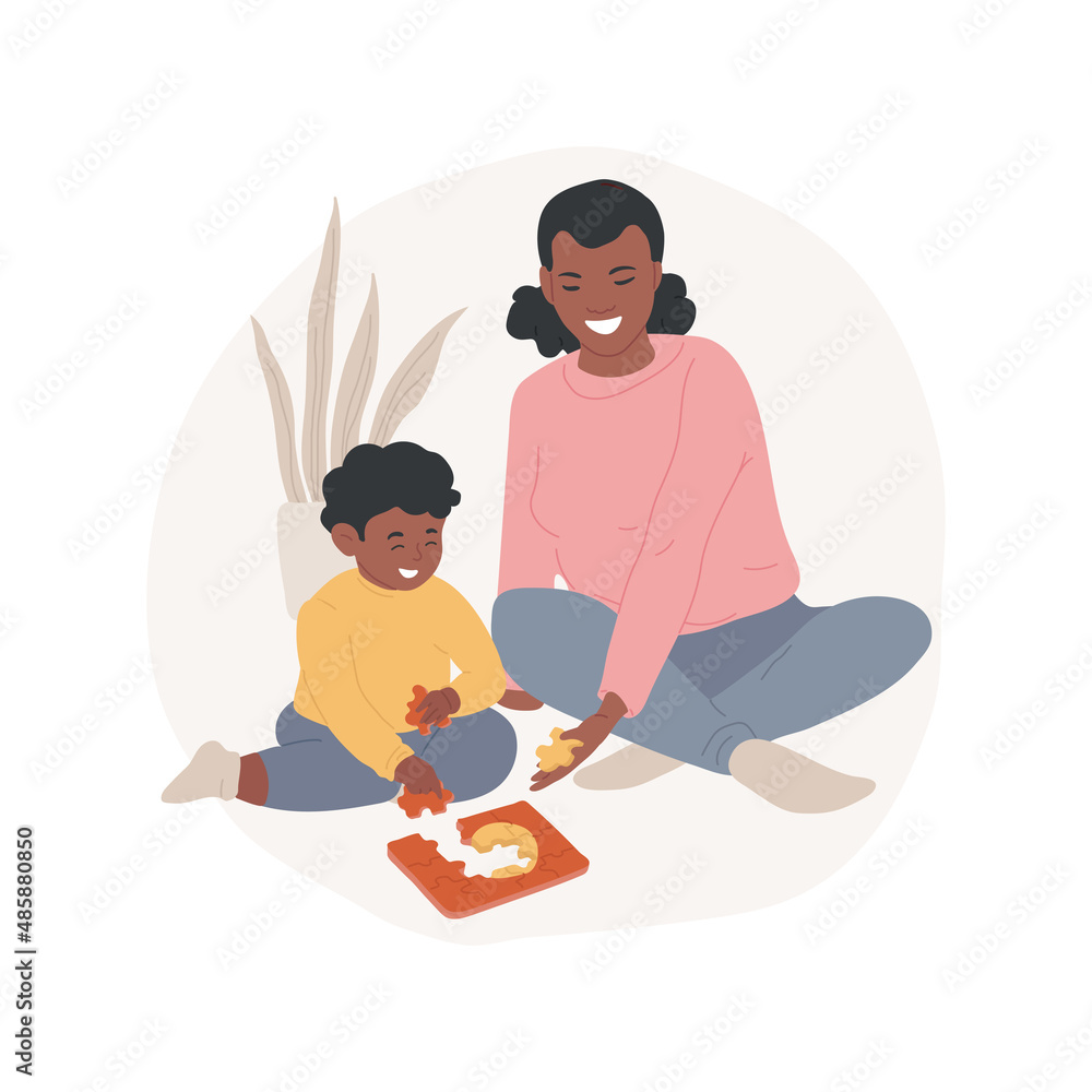 Poster solving puzzles together abstract concept vector illustration. child solving puzzle with parents, fa
