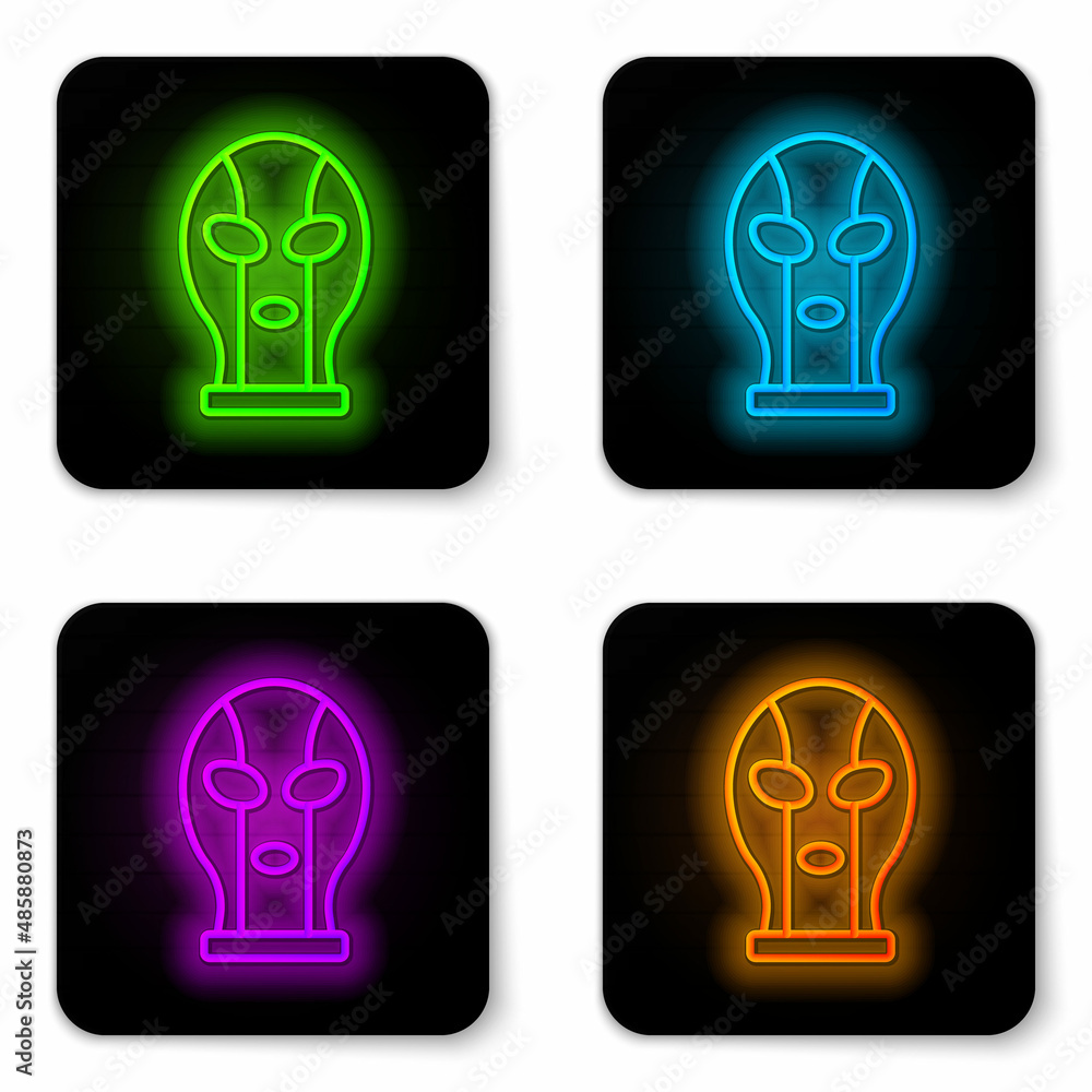 Sticker Glowing neon line Mexican wrestler icon isolated on white background. Black square button. Vector