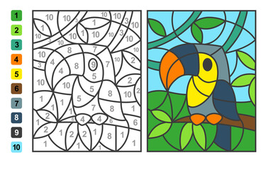 Simple level vector coloring zoo animal bird toucan, color by numbers. Puzzle game for children education © Nataliia