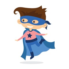 Vector illustrations of boy and girl children superheroes in funny comics costume