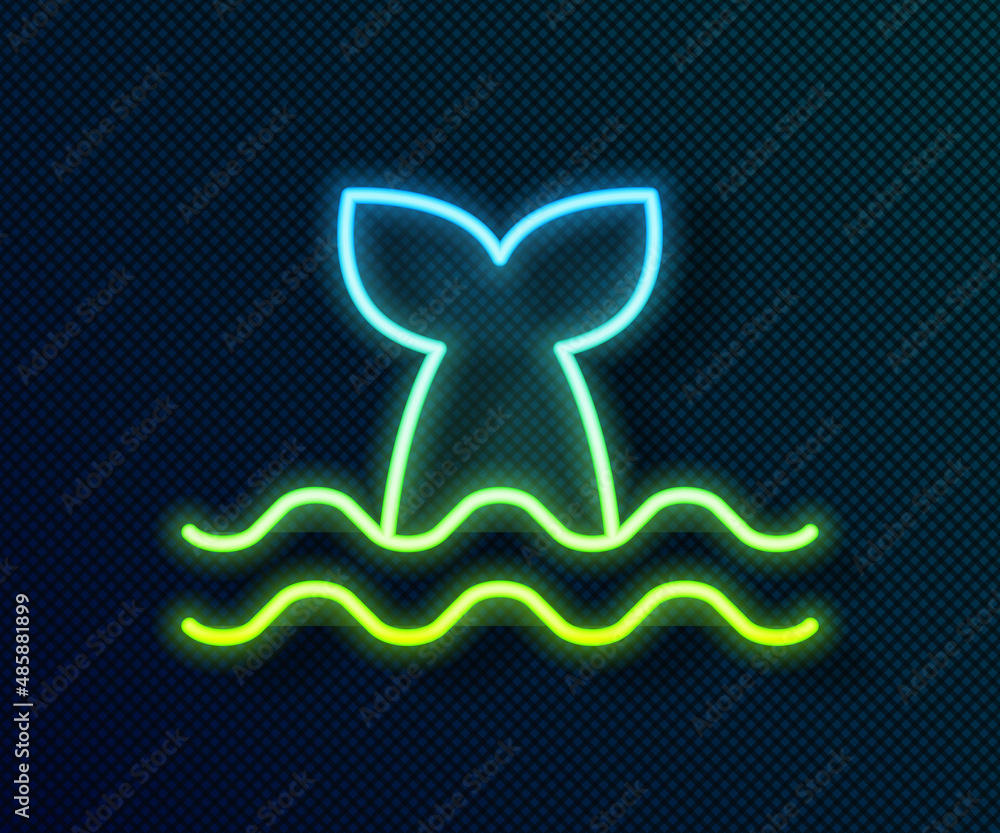 Sticker glowing neon line whale tail in ocean wave icon isolated on black background. vector