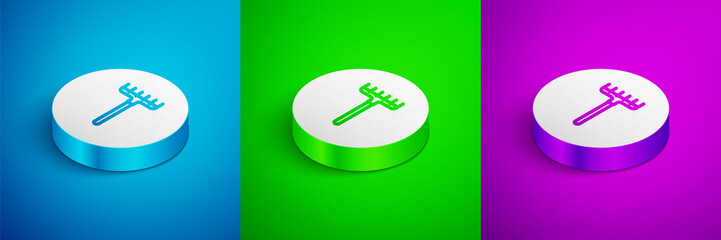 Isometric line Garden rake icon isolated on blue, green and purple background. Tool for horticulture, agriculture, farming. Ground cultivator. Housekeeping equipment. White circle button. Vector