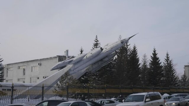 Barnaul is a former military school of pilots, a Yak-28 plane at the entrance