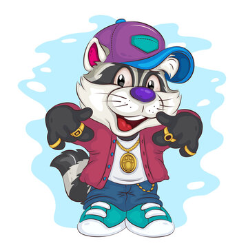 Cartoon Raccoon Hip-hop Rapper. Cool cartoon Raccoon Hip-hop Rapper. Raccoon rapper in a cap, in a jacket and jeans, with rings on his fingers. 