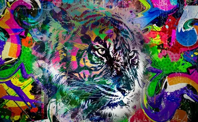 Foto op Plexiglas Heldere abstracte kleurrijke achtergrond met tijger, verfspatten © reznik_val