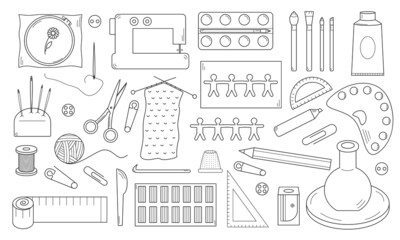 Hand drawn images of crafts and hobbies. Creative activities for development. Doodle style. Sketch. Vector illustration
