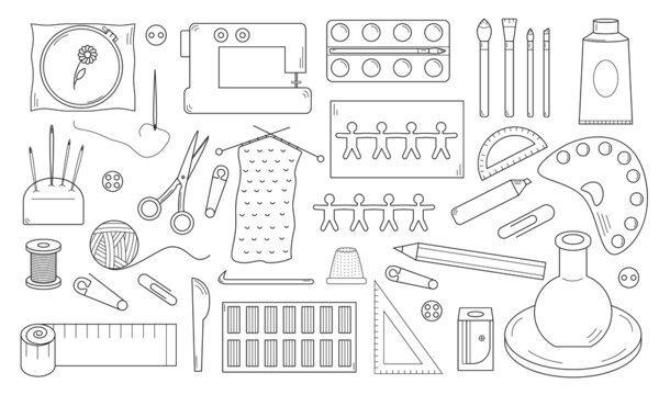 Hand drawn images of crafts and hobbies. Creative activities for development. Doodle style. Sketch. Vector illustration