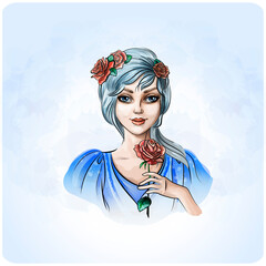 Portrait of a beautiful lady with blue hair and a scarlet rose.Blonde fairy with a red rose in her hand.
