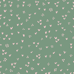 Little hearts with dots seamless repeat pattern. Romantic, doodled love signs and spots all over surface print on sage green background.