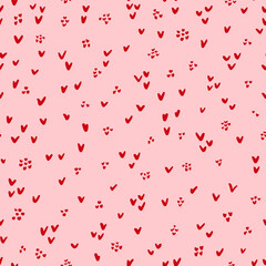 Fototapeta na wymiar Cute little hearts with dots seamless repeat pattern. Romantic, doodled love signs and spots all over surface print on pink background.