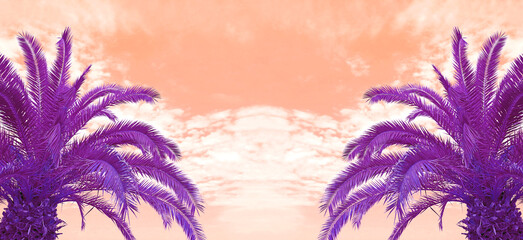 Pop Art Surreal Style Vibrant Purple Two Palm Trees on Coral Pink Sky