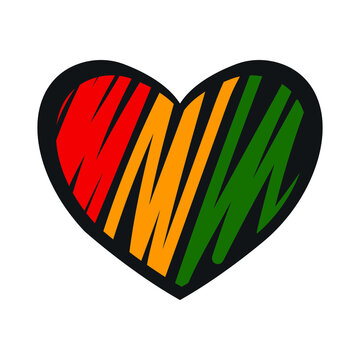 Doodle heart drawn in colors of Africa flag. Black history month concept. Celebrated annually in February in the USA and Canada, and in October in UK. Isolated on white.
