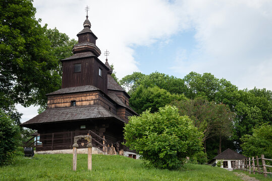 The Greek Catholic wooden church of St Michael the Archangel from Nova Sedlica located in open air museum of Humenne, Slovakia