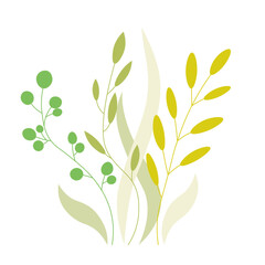 Green leaves and flowers. Floral composition with different kinds of leaves. Vector illustration for postcards, banners, greetings, invitations. 