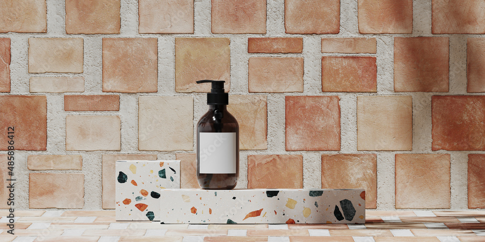 Poster summer mockup concept for cosmetic product presentation. terrazzo podium on brick tile background. c
