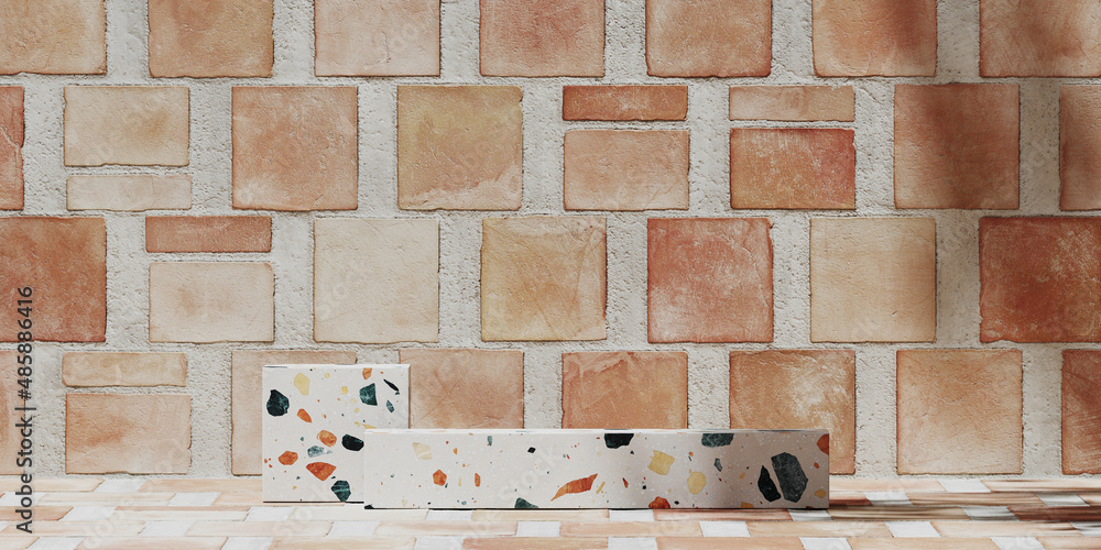 Poster summer mockup concept for cosmetic product presentation. terrazzo podium on brick tile background. c