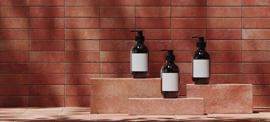 Summer mockup concept for cosmetic product presentation. Terracotta podium on brick tile background. Clipping path of each element included. 3d rendering illustration. 