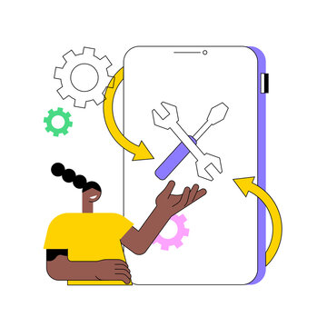 Refurbished device abstract concept vector illustration. Refurbished mobile phone, certified restored products, repaired electronics offer, used gadget, buy eco-friendly device abstract metaphor.