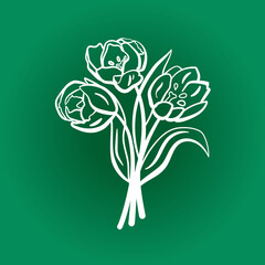 Flowers Tulips drawn with a white line by hand. Vector drawing of flowers with one stroke without filling. All strokes are editable.