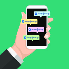 Voicemail message on cell phone notice or voice chat bubble recording bubble speech on person man hand cellphone screen flat cartoon illustration, idea of smartphone audio chatting or mail speak
