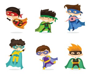 Vector illustrations of boy and girl children superheroes in funny comics costume