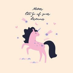 Cute cartoon  unicorn vector illustration. Postcard with pink unicorn and inscription. - 485887816