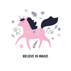 Cute cartoon  unicorn vector illustration. Postcard with pink unicorn and inscription.