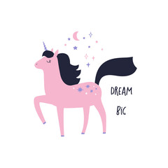 Cute cartoon  unicorn vector illustration. Postcard with pink unicorn and inscription. - 485887818