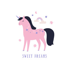 Cute cartoon  unicorn vector illustration. Postcard with pink unicorn and inscription. - 485887819