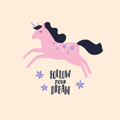 Cute cartoon  unicorn vector illustration. Postcard with pink unicorn and inscription.
