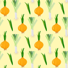 Seamless pattern with vegetables. Onion and leek on a yellow background. Bright cute cartoon style illustration. Vegetable print, farmhouse scrapbook paper. Kitchen decoration with food symbols