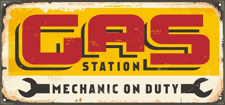 Gas station retro sign design template on old metal background. Vintage road sign for gasoline and car repair service. Vector illustration.