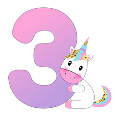 Birthday baby card - funny unicorn - 3 years old, flat illustration - blue