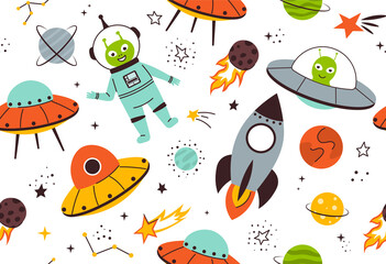 Space illustrations hand drawn vector set: UFO, rocket, comet, astronaut, planet, milky way, lying saucer, comet. Cute Vector illustration