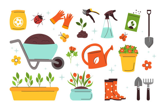 Garden set. Spring collection with tools for working with the earth. Sprouting pots, flowers, butterfly, rubber boots. Romantic vector cartoon illustrations isolated on white background.