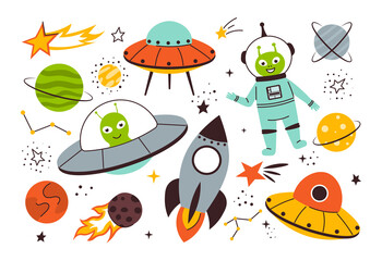 Pattern with Space illustrations hand drawn vector set: UFO, rocket, comet, astronaut, planet, milky way, lying saucer, comet. Cute Vector illustration