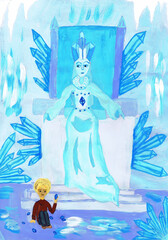 The snow queen sits on the throne. Illustration for the tale of H.K. Anderesen "The Snow Queen." Children's drawing