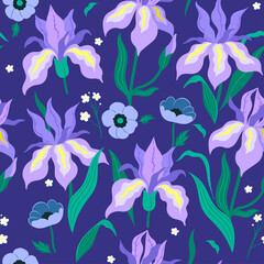 Fototapeta na wymiar Seamless pattern with iris and ranunculus flowers. Vector graphics.