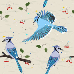 Seamless pattern from new collection with birds. Blue jay.