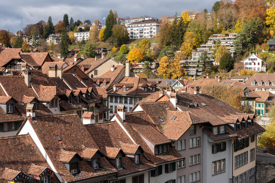 Beautiful tiled roofs of traditional houses in the old town of Bern, Switzerland