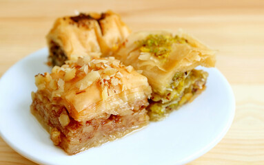 Closeup of Mouthwatering Assorted Baklava Pastries on a White Plate