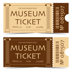 Ticket to the museum with ancient columns. Tear-off museum ticket template. Design of a horizontal detachable ticket to visit the museum. Flat vector illustration of an entrance ticket to the museum.