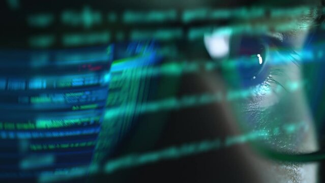 Monitor screen with developing programming and coding technologies. Programmer or hacker is typing code on keyboard. Software engineer working on computer. Developer or big data concept