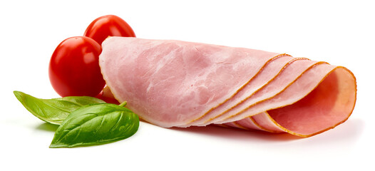 Boiled Ham Slices, close-up, isolated on a white background.