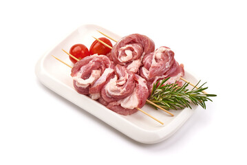 Fresh meat rolls, wrapped meat, isolated on white background.